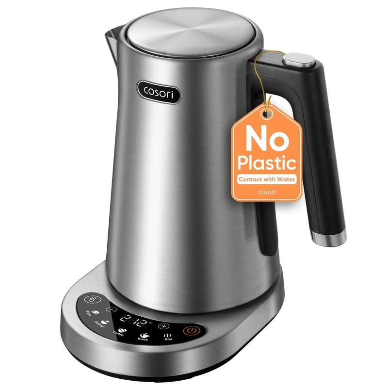 Cosori Electric Kettle, Plastic-Free Interior, 5 Presets ±5℉ Temperature Control, Fast Boiling, 2 Lid Opening, 60Min Keep Warm, Stainless Steel Tea Kettle for Tea, Hot Water, Boil Water, Coffee, 1.7L