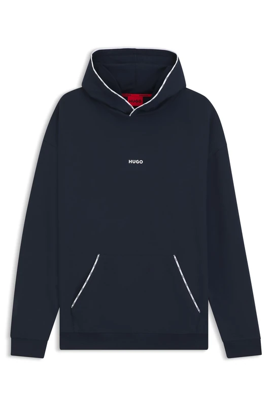 HUGO Relaxed-fit Hoodie With Branded Contrast Piping Blue