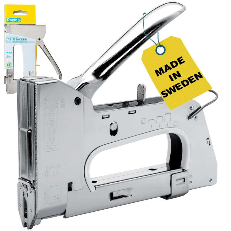 Rapid Heavy Duty Manual Staple Gun PRO R28 for No. 28 Staples, Cable Tacker with Easy-to-Squeeze Trigger, 3-Step Force Adjuster, and All-Steel Casing and Wear Parts, Made in Sweden (5001672)