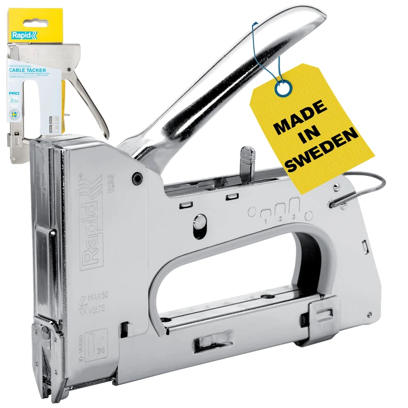 Rapid Heavy Duty Manual Staple Gun PRO R36 for No. 7 and No.36 Staples, Cable Tacker with Easy-to-Squeeze Trigger, 3-Step Force Adjuster, and All-Steel Casing and Wear Parts, Made in Sweden (5001673)
