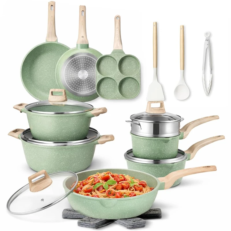 BAKAJI Set of 21 Induction and Gas Cookware Set Suitable for All Hobs, Non-Stick Cast Aluminium and Granite Effect with Lid and Accessories (Green)