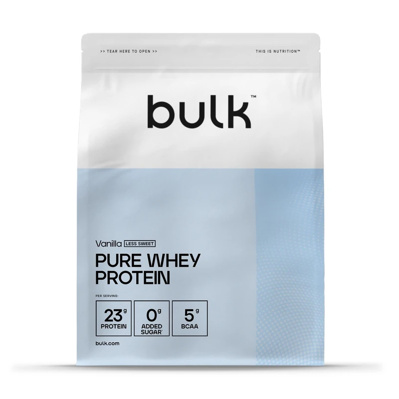 Bulk Pure Whey Protein Powder Less Sweet, Vanilla, 23g Protein and 5g BCAAs per Scoop, Whey Concentrate Shake, Low Sugar, Supports Muscle Growth and Repair, Smooth Mixing, Vegetarian, 5kg