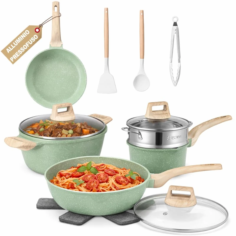 BAKAJI Set of 15 Induction and Gas Cookware Set Suitable for All Hobs, Non-Stick Cast Aluminium and Granite Effect with Lid and Accessories (Green)