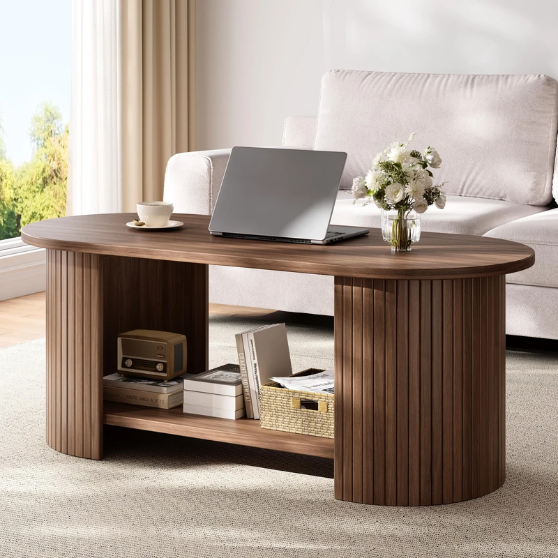 oneinmil Coffee Table, Living Room Table with 2-Tier Storage, Thick Tabletop & Base, 108x50x45cm, for Living Room, Home Office, Small Space, Walnut