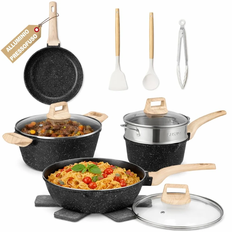 BAKAJI Set of 15 Induction and Gas Cookware Set Suitable for All Hobs, Non-Stick Cast Aluminium and Granite Effect with Lid and Accessories (Black)