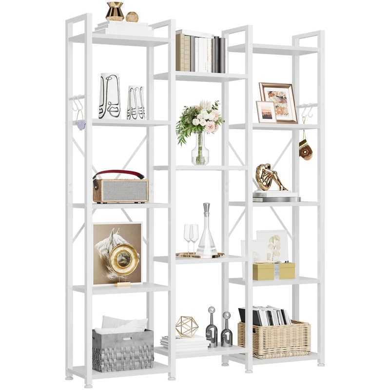 YITAHOME Industrial Bookcase 135 cm Wide, Standing Open Wooden and Metal Frame with 14 Shelves, Display Shelf for Living Room, Home Office, Pure White