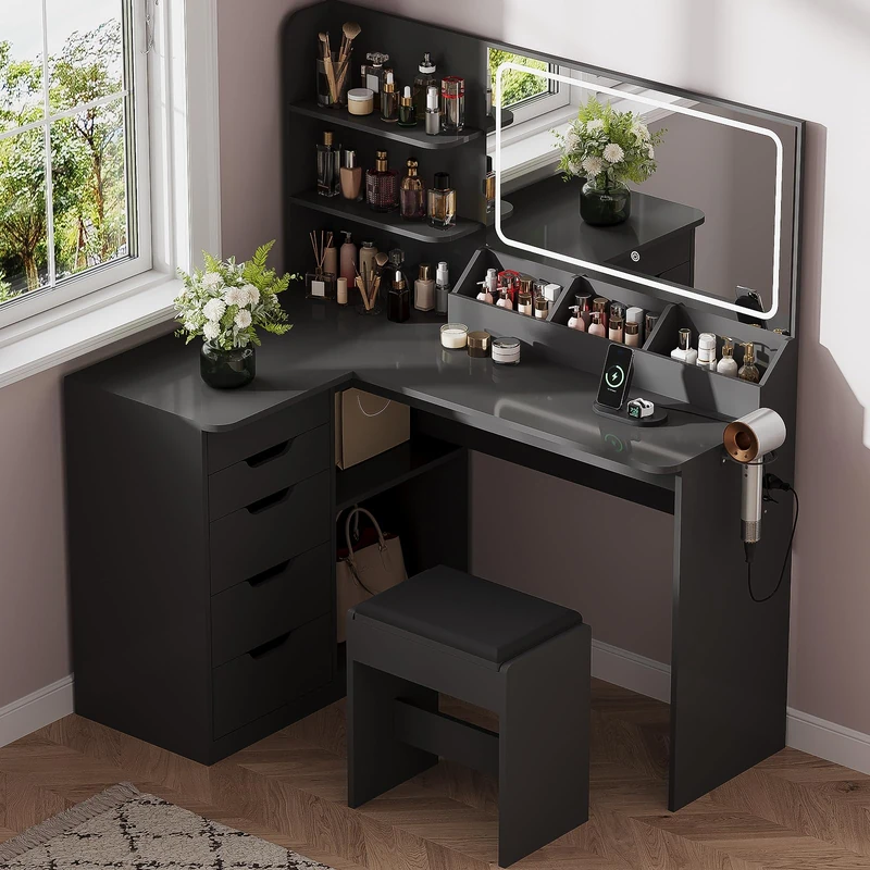 JUMMICO Dressing Table with LED Mirror,Vanity Desk with Stool,Corner Vanity Table with 5 Drawers,Power Outlets and Open Shelves,L-Shaped Modern Furniture (Black)
