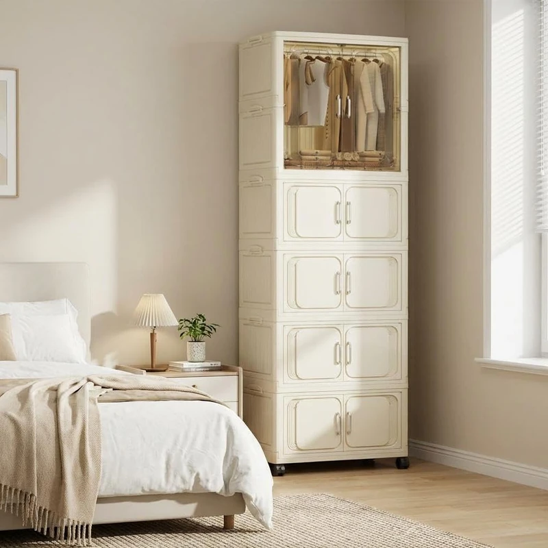 GarveeHome Large Capacity Collapsible Wardrobe Closet with Wheels & Magnetic Doors – Portable Clothes Storage Cabinet with 1 Hanging Rail + 4 Folding Boxes, Easy Assembly for Bedroom, 65x35x186cm