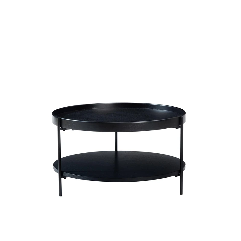 Modern 2-Tier Round Coffee Table, Nordic Style MDF with Real Wood Veneer Tray Centre Table, Sturdy Metal Frame Coffee Table for Living Room (Black) - Image 1