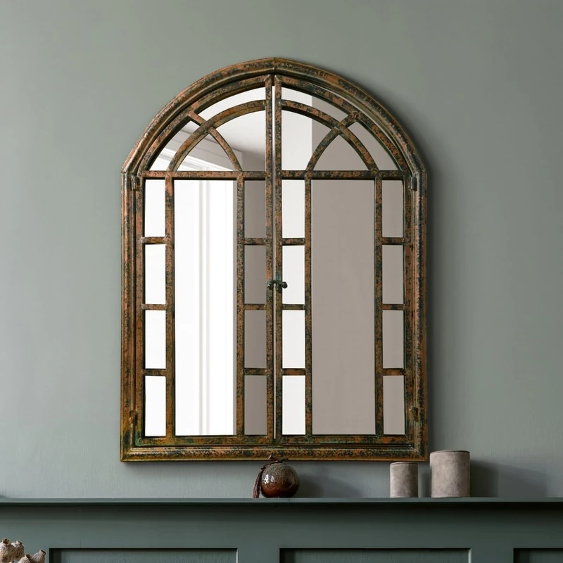 MirrorOutlet Dark Rustic Metal Framed Arched Wall Mirror with Opening Doors 31" X 24" (78CM X 61CM) With Doors Open 43" X 31" (110cm X 78CM).