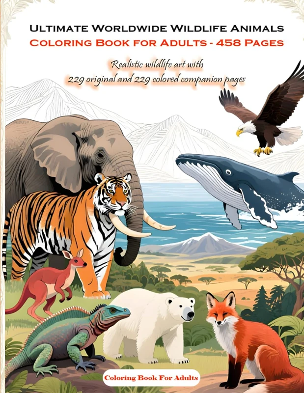 Ultimate Worldwide Wildlife Animals Coloring Book for Adults - 458 Pages: Realistic wildlife art with 229 original and 229 colored companion pages (Color Pop Adventures)