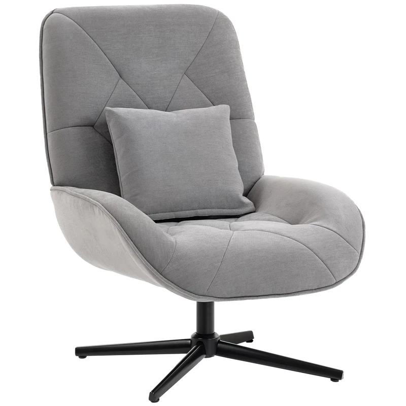 HOMCOM Swivel Accent Chair, Chenille Upholstered Armchair with Lumbar Pillow, High Back, Deep Seat and Metal Legs, Reading Lounge Chair for Living Room, Bedroom, Light Grey