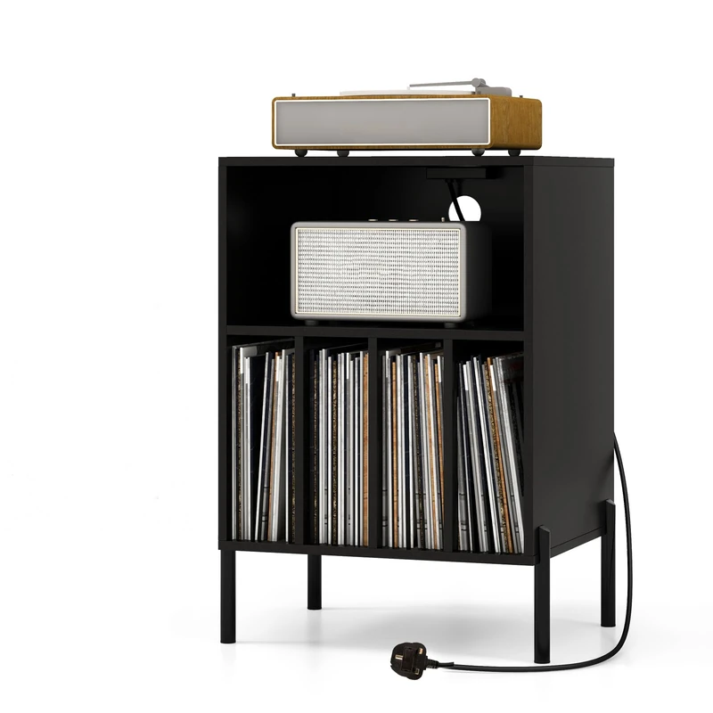 CASART Record Player Stand, Turntable Stand with Charging Station, Metal Legs & Cable Hole, Vinyl Record Storage Cabinet Holds up to 150 Albums End Table for Living Room Bedroom (Black)