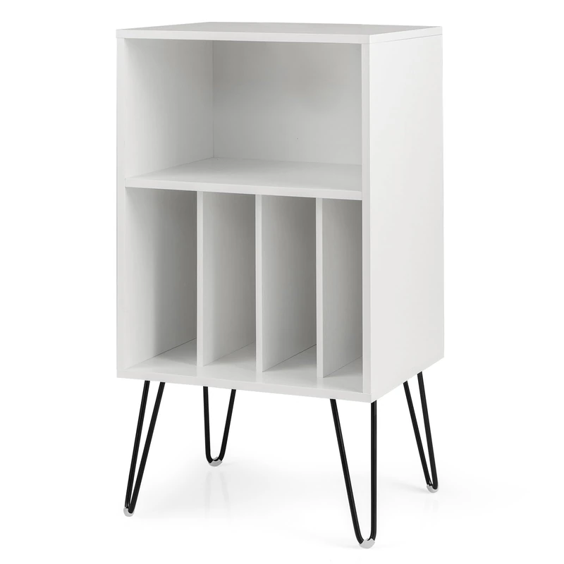 CASART Wooden Record Player Stand, Turntable Stand Sofa Side End Table with 5 Shelves & Metal Legs, Freestanding Vinyl Record Display Shelf Holder for Living Room Bedroom (White)