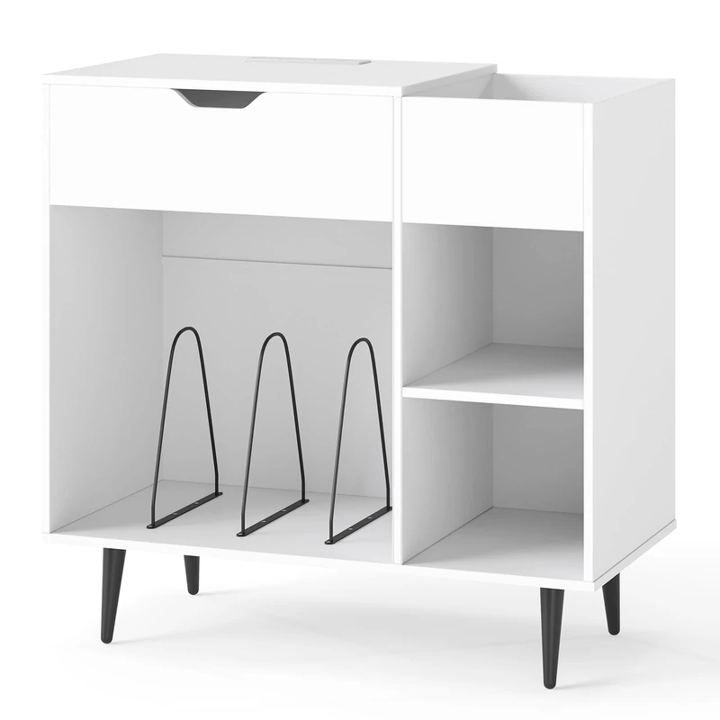 CASART Record Player Stand, Large Turntable Stand with Power Outlets, Dividers & Metal Legs, Vinyl Record Storage Cabinet End Table for Living Room Bedroom (White)