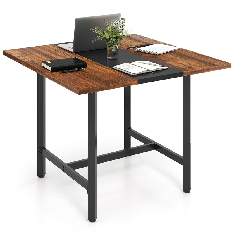 FANTASK Square Conference Table, 100 x 100 x 75 cm, Composable Seminar Table with Metal Frame for 4 People, Office, Board Room, Dining Room (Rustic Brown + Black) - Image 1