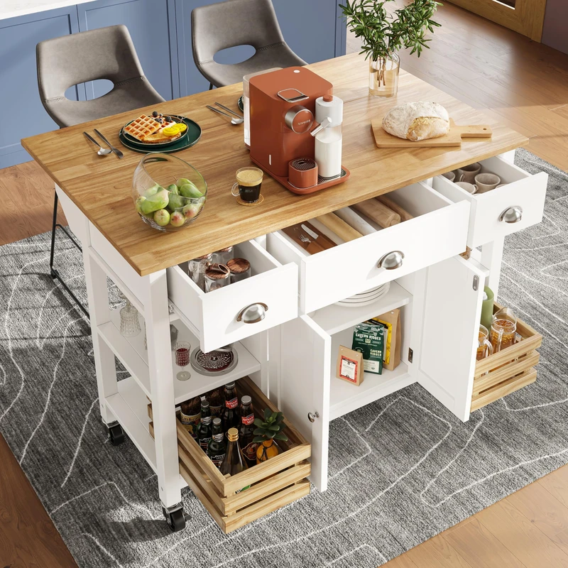 Ball & Cast Rolling Kitchen Island on Wheels with Large Cabinet, Kitchen Trolley with Folding Sideboard, Spice Rack, Adjustable Shelf, Storage Trolley with 3 Drawers for Home Kitchens, White