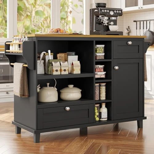 Ball & Cast Mobile Kitchen Islands Black Kitchen Sideboard Cart Worktop Cart with Storage Cupboards,Drawers 129 x 46 x 92 cm