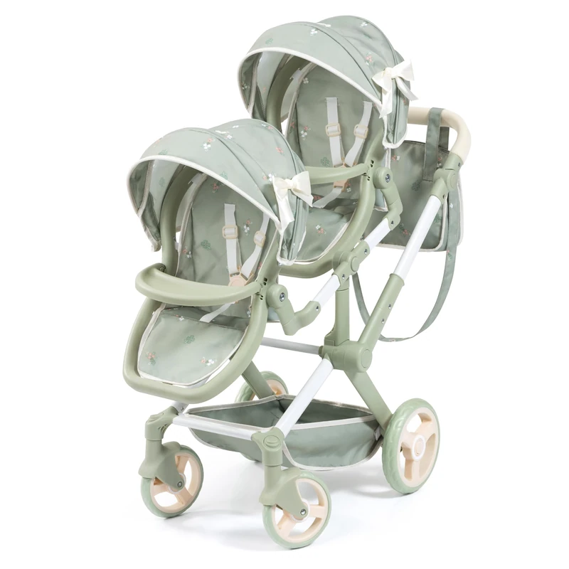 Bayer Design 26728AA Twin dolls pram, carriage, double stroller, adjustable and reversible handle, swivel front wheels, seats variable fixable, bag - 3+ ages