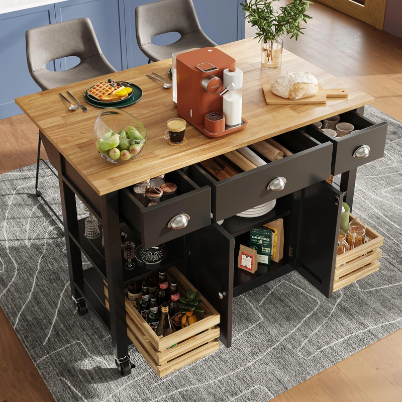 Ball & Cast Rolling Kitchen Island on Wheels with Large Cabinet, Kitchen Trolley with Folding Side Board, Spice Rack, Adjustable Shelf, Storage Trolley with 3 Drawers for Home Kitchens, Black