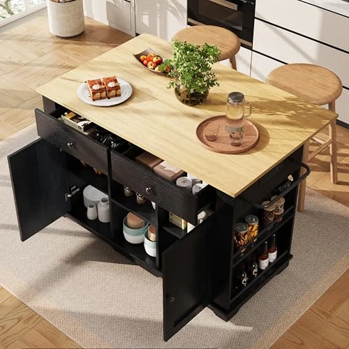 Ball & Cast Rolling Kitchen Island on Wheels with Power Strip, Kitchen Trolley Storage with Folding Side Board, Adjustable Shelves, 2 Drawers, Trolley with Large Cabinet for Home Kitchens, Black