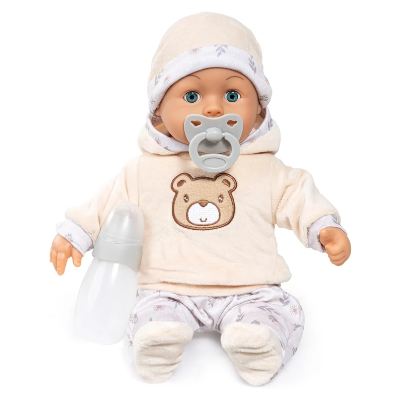 Bayer Design 93824CW Interactive baby doll, talking, soft body, sleeping eyes, cute outfit, dummy, bottle, 38 cm
