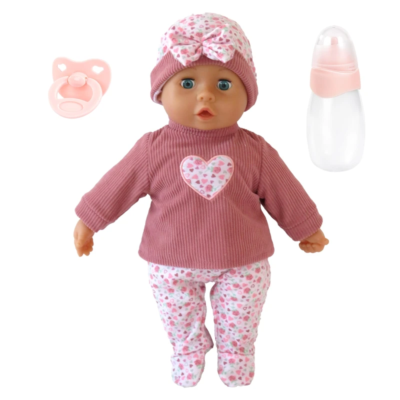 Bayer Design 93824DB Interactive baby doll, talking, soft body, sleeping eyes, cute outfit, dummy, bottle, 38 cm