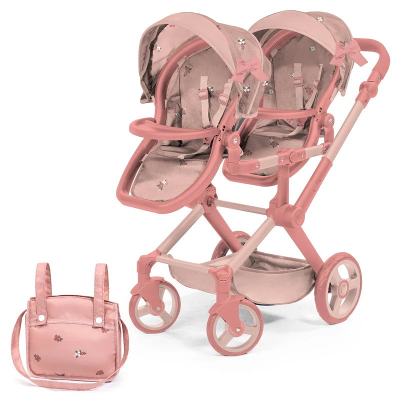 Bayer Design 26726AA Twin dolls pram, carriage, double stroller, adjustable and reversible handle, swivel front wheels, seats variable fixable, bag - 3+ ages