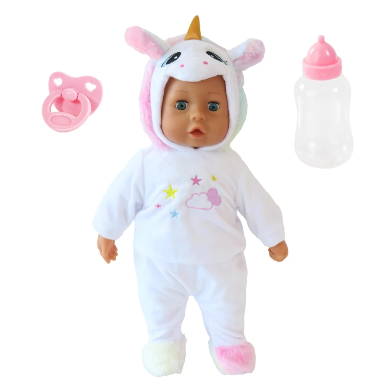 Bayer Design 93824CU Interactive baby doll, talking, soft body, sleeping eyes, cute outfit, dummy, bottle, 38 cm
