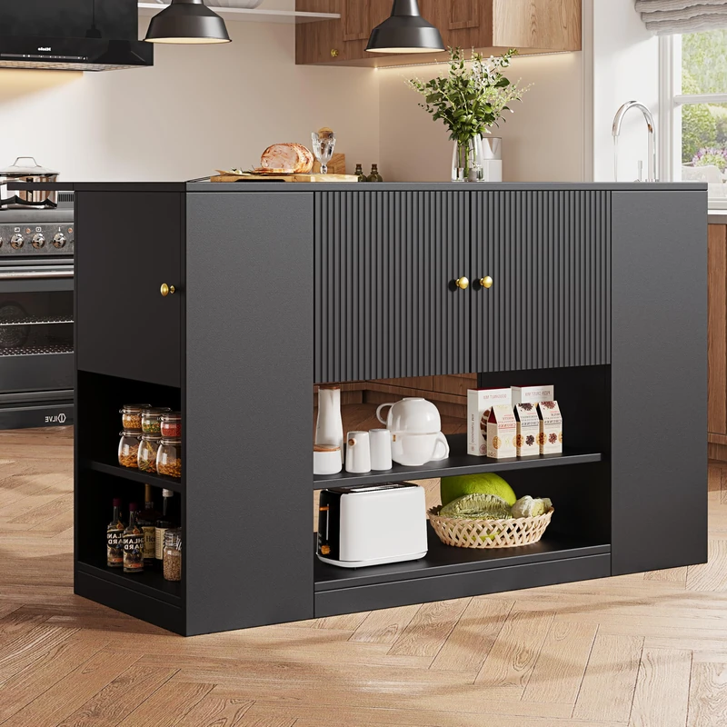 Ball & Cast Kitchen Island with Fold Out Tabletop, Modern Kitchen Sideboard with Drawers & Shelves, Multifunctional Kitchen Cabinet for Dining Room & Kitchen,Black, 140 x 40 x 90 cm