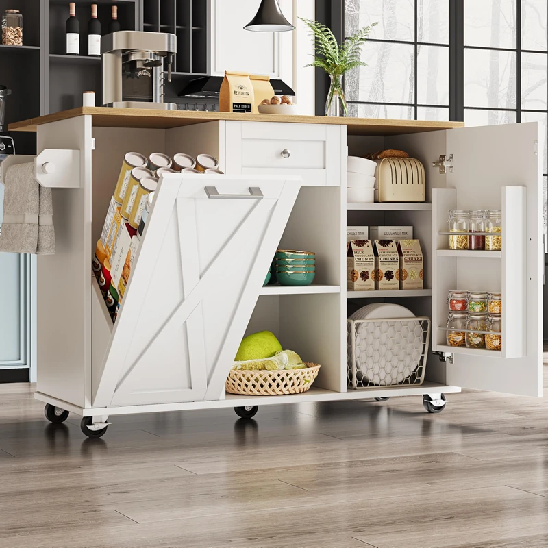 Ball & Cast Kitchen Island with Storage, Rolling Kitchen Trolley with Foldable Tabletop, Multifunctional Dining Table with Shelves, Serving Cart on Wheels, White (Dustbin Not Included)