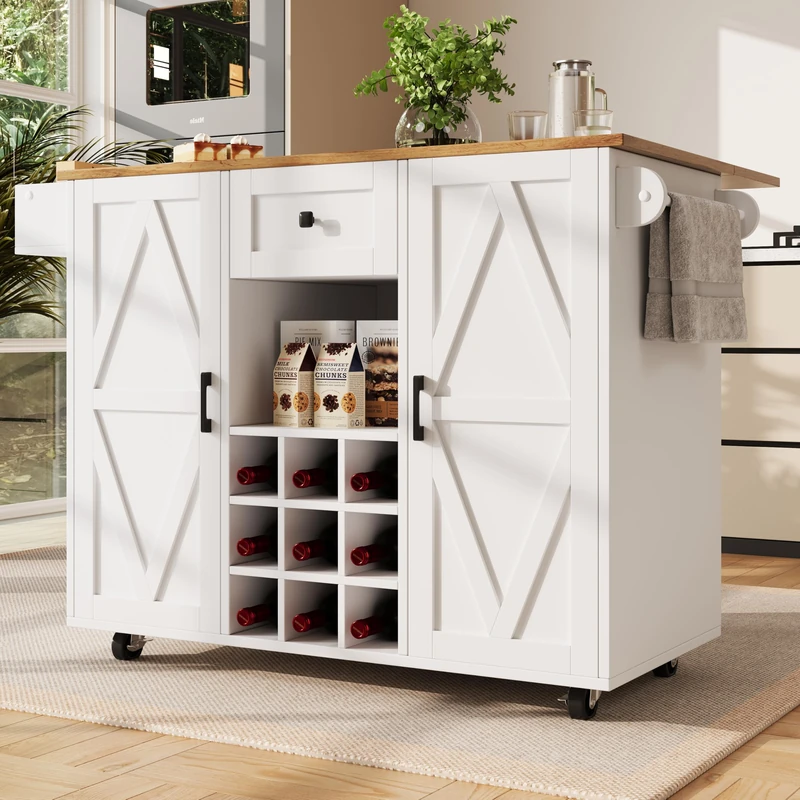 Ball & Cast Kitchen Island Trolley with Foldable Tabletop,Multifunctional Storage Dining Table,Kitchen Cabinet & Sideboard with Drawer, Wine Rack, Adjustable Shelves, Snack Storage & Wheels