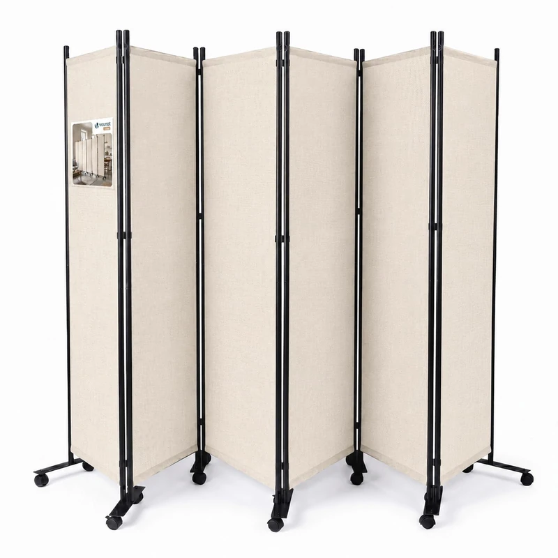 VOUNOT® Separe 6-Panel Interior Room Divider with Wheels, Folding Self-Supporting Privacy Screen for Living Room, Bedroom and Office, 340 x 30 x 171 cm, Beige