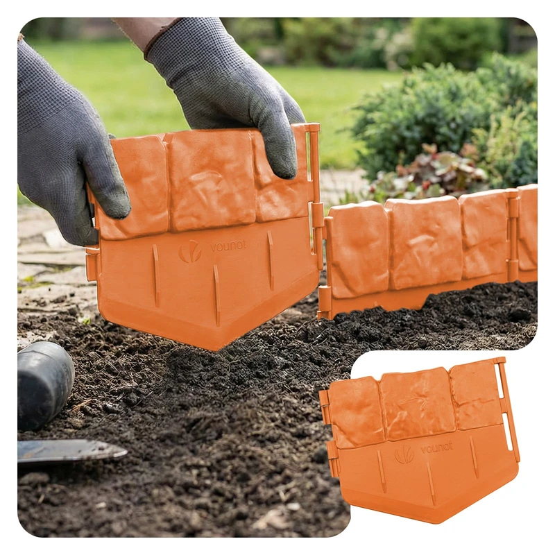 VOUNOT® Lawn Edgnig Border 26.7m, Stone Effect Plastic Garden Edging, No-Dig Decorative Lawn Border for Paths, Lawns & Flower Beds, Set of 175, Terracotta