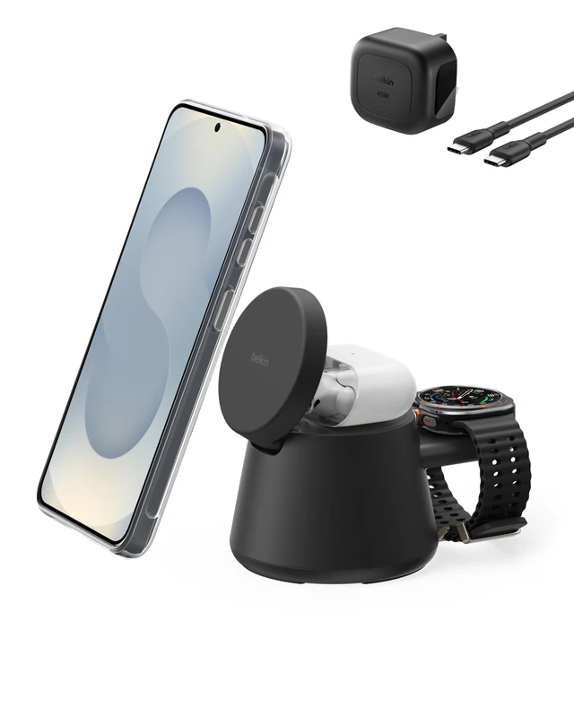 Belkin Ultracharge 3-in-1 Wireless Charging Station w/USB C Port for Smartwatch, Qi2.2 Magnetic Charger 25W for Samsung Galaxy S26, Galaxy Watch, Pixel 10, Pixel Watch, Apple Watch, with 45W Adapter