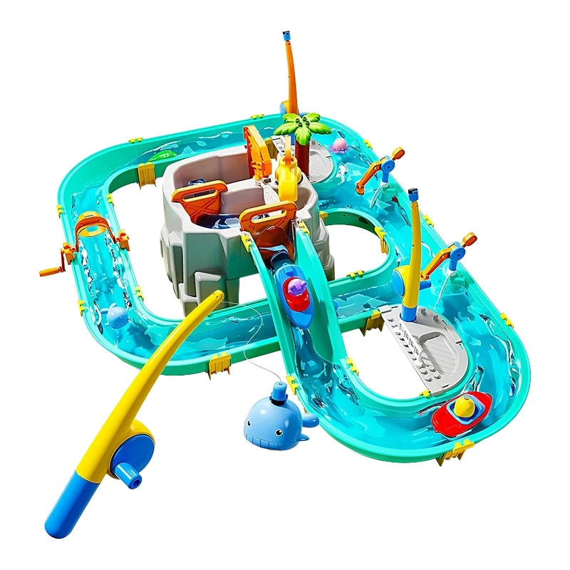 Relaxdays Water Play Track for Kids, Outdoor Boats & Fishing Game, Plastic, Colorful, 71x71x101 cm