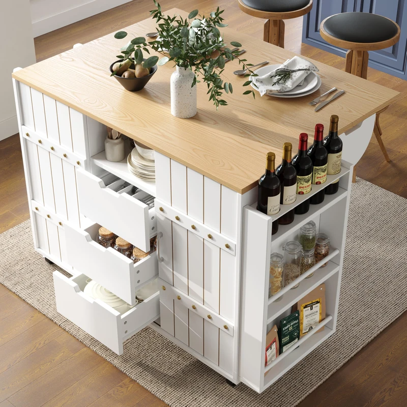 Ball & Cast Kitchen Trolley with Wheels, White Kitchen Island with Foldable Worktop, Serving Cart with Sliding Doors & Drawers, Spice Rack and Towel Rail, Wood Grain Finish