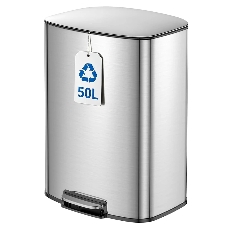 YEAUPE PRO Kitchen Bin 50L, Pedal Bin with Soft-Close Lid, Stainless Steel Rubbish Bin for Recycling and Waste with Handle, Removable Inner Buckets Trash Can, with 15 Bin Liners, Space Silver - Image 1