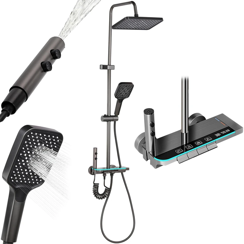 Altaudia Thermostatic Shower Column with LED Display – 4 Water Ways (Rain 30 × 20cm, Hand Shower, Spray 3 Modes, Jet) Material Stainless Steel/ABS, Left/Cold, Adjustable Height (Black)