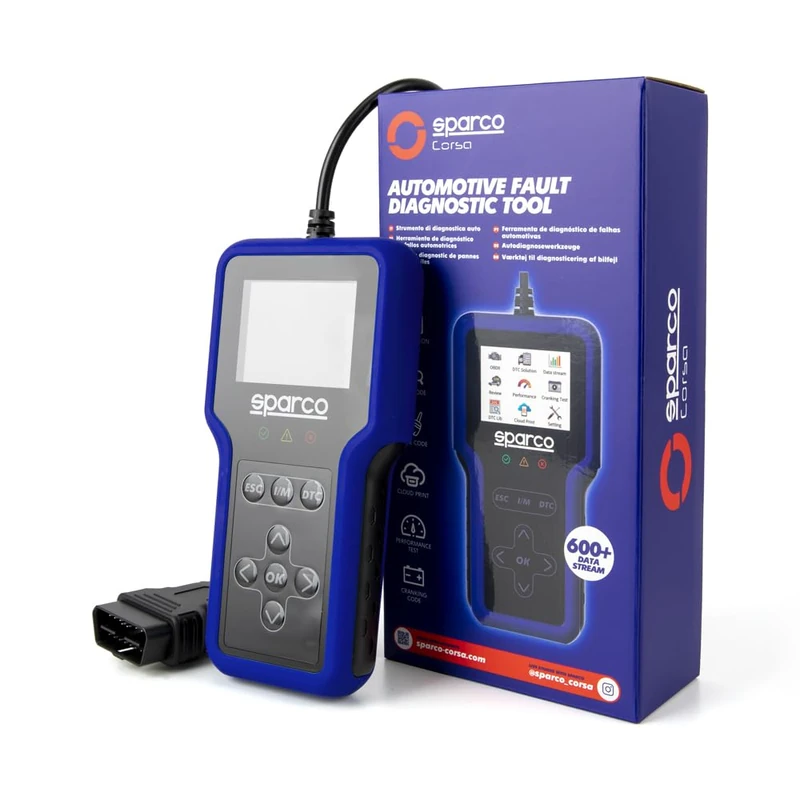Sparco OBD2 Car Diagnostic Device Scanner Engine and Transmission Error Code Reader with Battery Test and I/M Readiness Emissions Multilingual for Petrol Vehicles