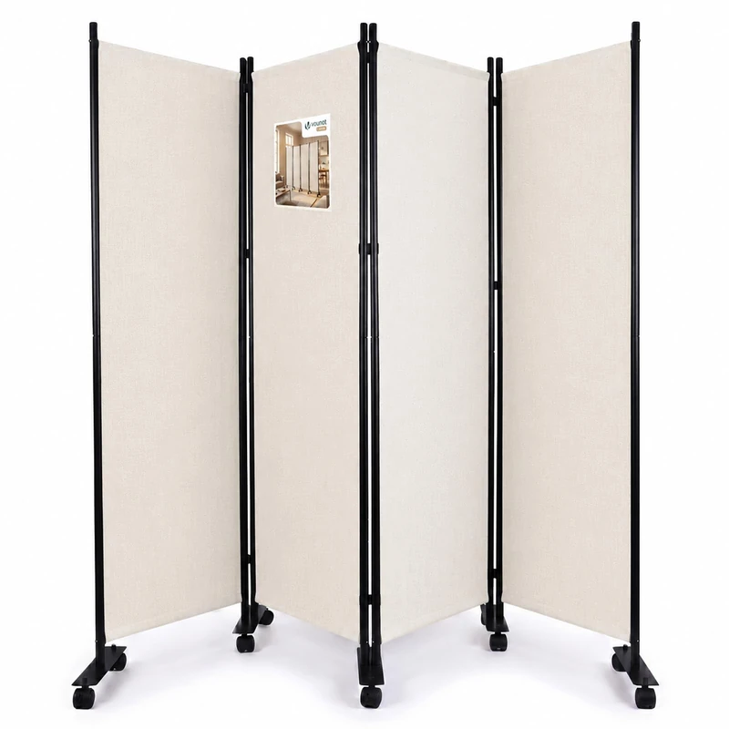VOUNOT® 4 Panel Room Divider with Wheels, Folding Freestanding Privacy Screen, Portable Room Partition Divider for Living Room, Bedroom, Office & Home, 228 x 171 cm, Beige - Image 1