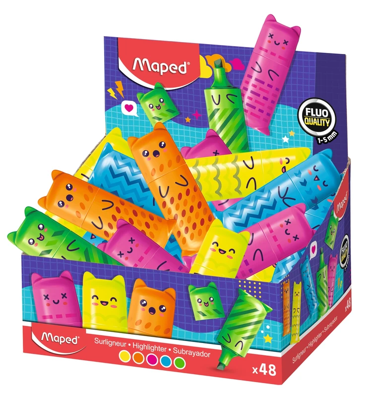 Maped - Display Mini Neon Highlighters - Compact size and kawaii characters - 5 flashy colors: yellow, orange, pink, green and blue