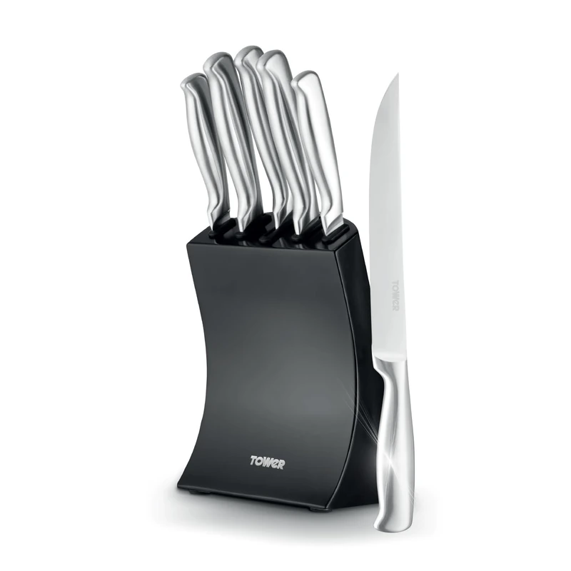 Tower Core 5 Piece Knife Set with Weighted Steel Block, High Grade Polished Stainless Steel, Fine Edge Precision Blades, Ergonomic Handles, Black, T81537BLK