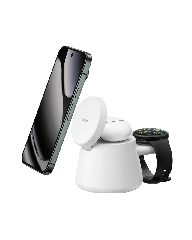 Belkin Ultracharge 3-in-1 Wireless Charging Station w/USB C Port for Smartwatch, Qi2.2 Magnetic Charger 25W for Samsung Galaxy S26, Galaxy Watch, Pixel 10, Pixel Watch, Apple Watch, with 45W Adapter