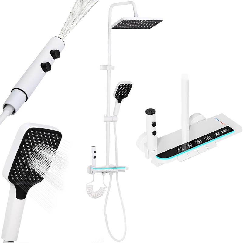 Altaudia Thermostatic Shower Column with LED Display – 4 Water Ways (Rain 30 × 20cm, Hand Shower, Spray 3 Modes, Jet) Material Stainless Steel/ABS, Left/Cold, Adjustable Height (White)
