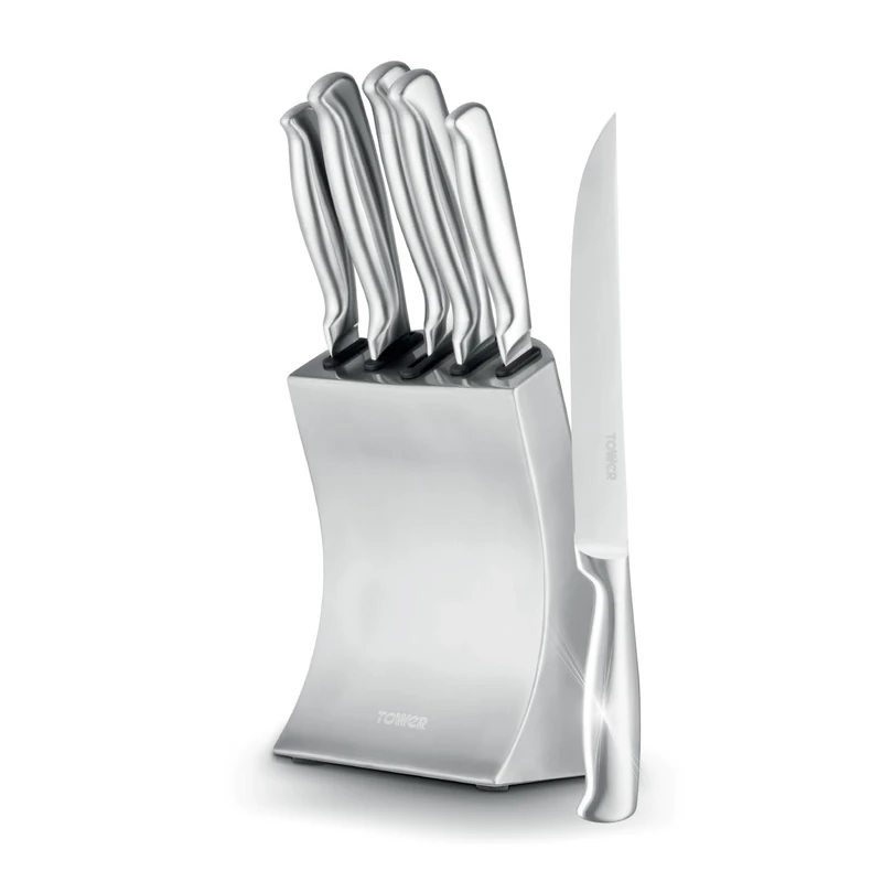 Tower Core 5 Piece Knife Set with Weighted Steel Block, High Grade Polished Stainless Steel, Fine Edge Precision Blades, Ergonomic Handles, Stainless Steel, T81537SS