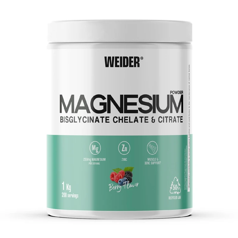 Weider Magnesium Powder (1kg) Berry Flavour, 250mg /Serving Magnesium Bisglycinate and Citrate in Powder with Zinc, Muscle and Bone Support, Helps Reduce Fatigue, No Added Sugar, Vegan
