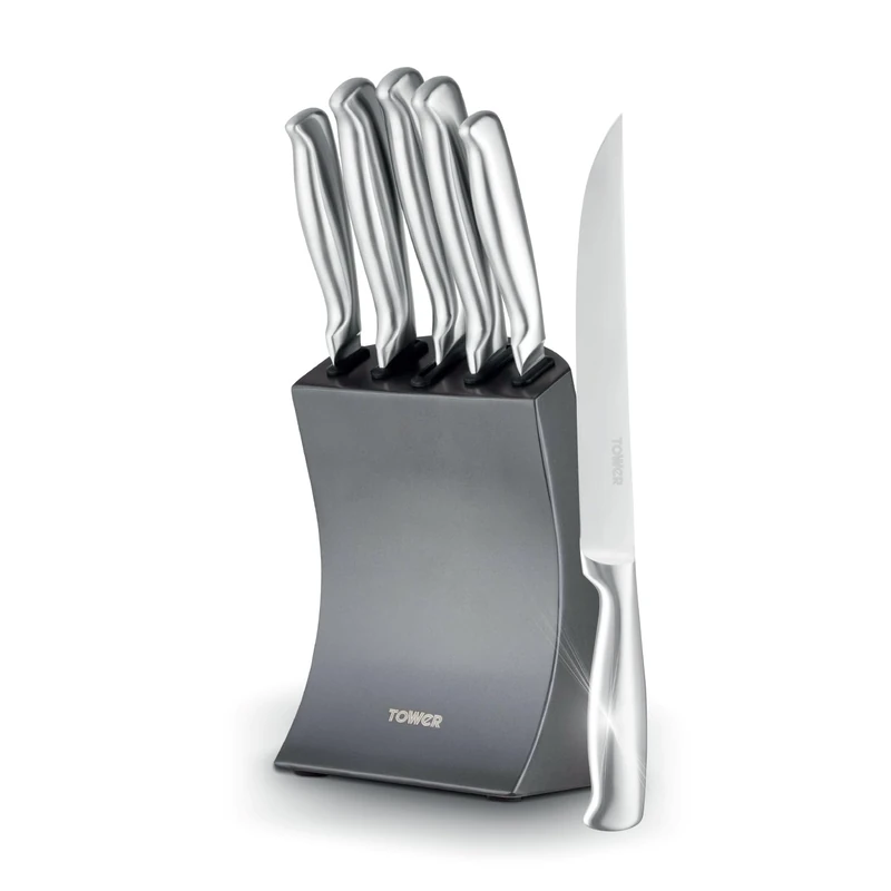 Tower Core 5 Piece Knife Set with Weighted Steel Block, High Grade Polished Stainless Steel, Fine Edge Precision Blades, Ergonomic Handles, Titanium, T81537TNM