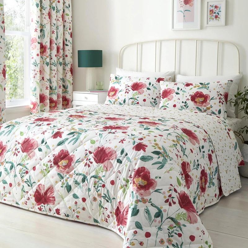 Dreams & Drapes Abstract Poppy Quilted Bedspread 200 x 230cm Red – Textured Floral Design for Bedroom, Lightweight Bedspread - Image 1