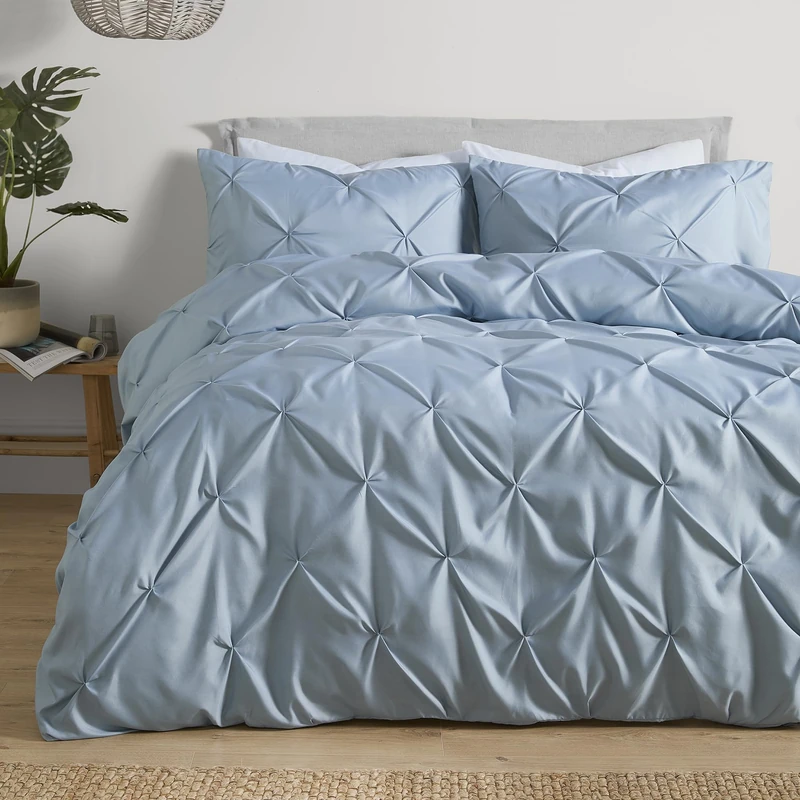 Serene Lara Pleated Duvet Cover Set Super King 260 x 220cm – Textured Blue Bedding with Elegant Pleat Design, Includes 2 Pillowcases